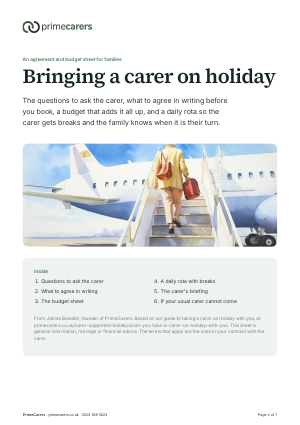The cover of the PrimeCarers agreement and budget sheet for bringing a carer on holiday