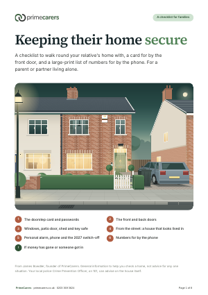 The cover of the PrimeCarers home security checklist, showing a brick house at dusk with a lamp lit behind the curtains and a light over the front door