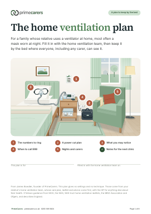 The cover of the PrimeCarers home ventilation plan, showing a bedside with a small ventilator, its mask on the pillow and a plan pinned to the wall
