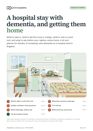 The cover of the PrimeCarers hospital stay kit and discharge planner, showing a hospital bed space set up with a clock, a calendar, family photographs and a blanket from home