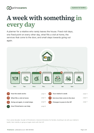 The cover of the PrimeCarers housebound week planner, showing a house joined to seven day tiles, with three companion days ticked