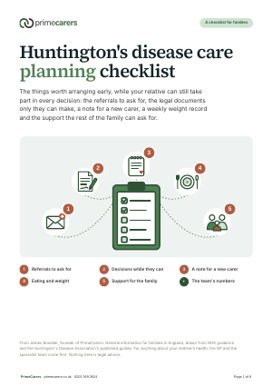 The cover of the PrimeCarers Huntington's disease care planning checklist, showing a clipboard checklist with icons for referrals, decisions, a carer's note, eating and the family