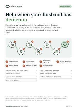 The cover of the PrimeCarers help checklist for when your husband has dementia, showing seven numbered stops along one path