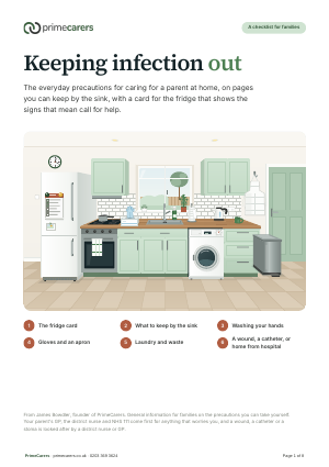 The cover of the PrimeCarers infection prevention checklist, showing a kitchen with soap and paper towels by the sink, gloves on the worktop and a card on the fridge
