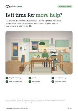 The cover of the PrimeCarers checklist Is it time for more help?, showing an older man and his daughter talking at the kitchen table
