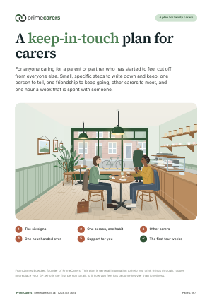 The cover of the PrimeCarers keep-in-touch plan for carers, showing two friends talking over coffee at a café table