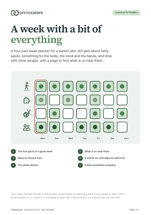 The cover of the PrimeCarers four-part week planner, showing a week laid out in four rows for body, mind, hands and people