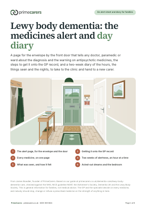 The cover of the PrimeCarers Lewy body medicines alert and day diary, showing a front hallway with an envelope hanging beside the door