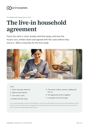 The cover of the PrimeCarers live-in household agreement