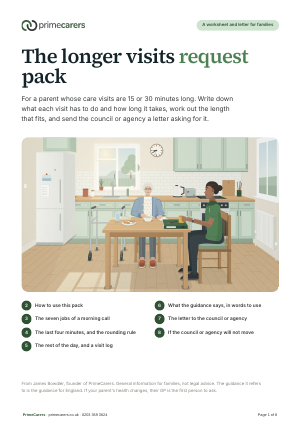 The cover of the PrimeCarers longer visits request pack, showing an older woman eating breakfast at her kitchen table with a carer sitting beside her