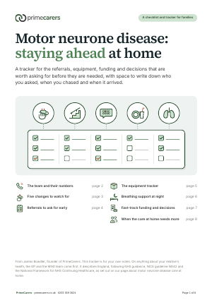 The cover of the PrimeCarers MND stay-ahead tracker, showing icons for hands, walking, speech, swallowing and breathing above a tracker sheet with ticked boxes