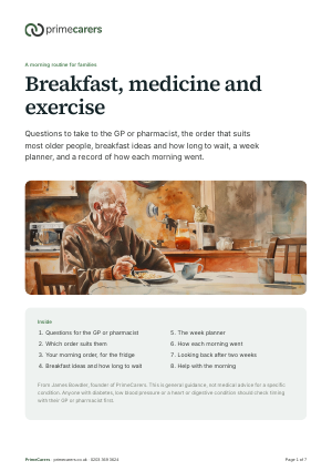 The cover of the PrimeCarers morning routine for breakfast, medicine and exercise