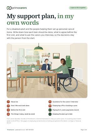 The cover of the PrimeCarers support plan, showing a woman in a wheelchair writing her plan at the kitchen table with a carer beside her