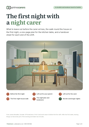 The cover of the PrimeCarers first-night checklist and handover book, showing a family member and a night carer at a kitchen table over an open notebook