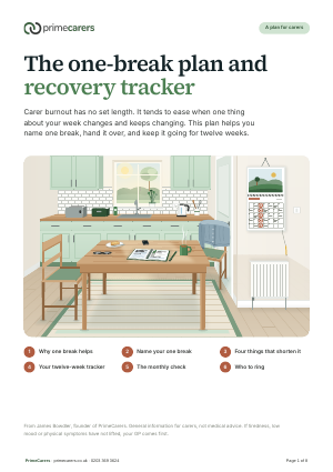 The cover of the PrimeCarers one-break plan and recovery tracker, showing a kitchen table with an open planner and a wall calendar with the same day ringed each week