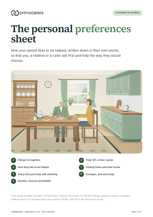 The cover of the PrimeCarers personal preferences sheet, showing a mother and her daughter at the kitchen table, the mother holding a pen over the sheet