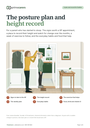 The cover of the PrimeCarers posture plan and height record, showing an older woman being measured against a door frame by her daughter