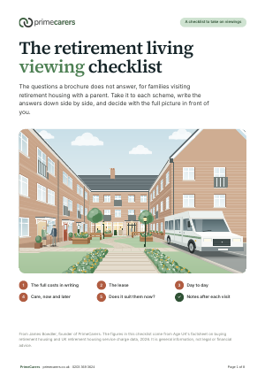 The cover of the PrimeCarers retirement living viewing checklist, showing the garden courtyard of a retirement scheme with flats around it