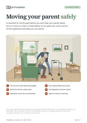 The cover of the PrimeCarers safe transfers checklist, showing a parent standing up from an armchair while their adult child holds a transfer belt