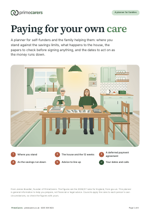 The cover of the PrimeCarers planner for paying for your own care, showing a father and daughter going through bank statements at a kitchen table