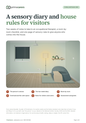 The cover of the PrimeCarers sensory diary and house rules for visitors, showing a calm corner of a room with a warm lamp, a beanbag and a heavy blanket