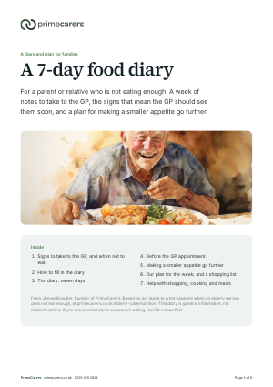 The cover of the PrimeCarers 7-day food diary