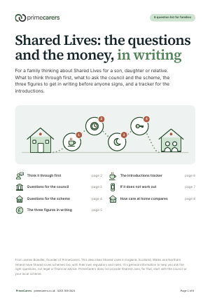 The cover of the PrimeCarers Shared Lives questions and cost sheet, showing a dotted route with four steps from a family home to a carer's household