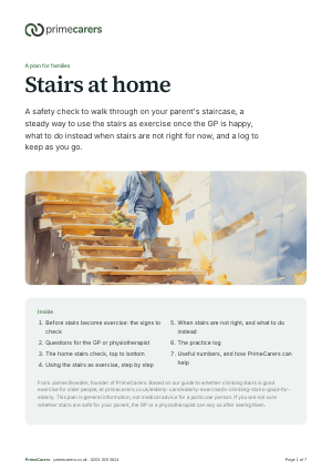 The cover of the PrimeCarers stairs safety and practice plan