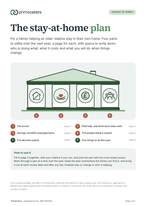 The cover of the PrimeCarers stay-at-home plan, showing a roof resting on four pillars for the house, paid help, the money and the people