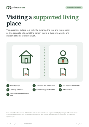 The cover of the PrimeCarers supported living visit checklist, showing a house and a support worker as two separate cards, each with its own agreement