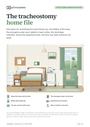 The cover of the PrimeCarers tracheostomy home file, showing a bedroom set up with a home care bed, an emergency box, a suction machine and the emergency plan pinned by the bed