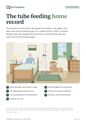 The cover of the PrimeCarers tube feeding home record, showing an older man sitting up in bed beside a feeding pump on a stand