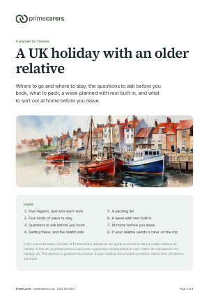 The cover of the PrimeCarers planner for a UK holiday with an older relative