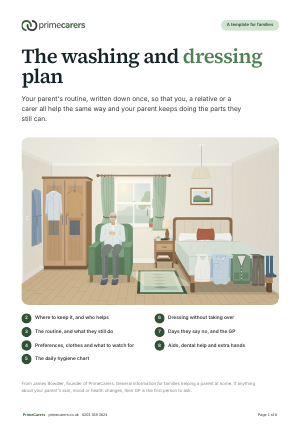 The cover of the PrimeCarers washing and dressing plan, showing an older man in a sunlit bedroom doing up his shirt, with his clothes laid out in order on the bed