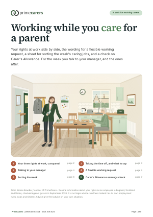 The cover of the PrimeCarers working carer's rights and planning pack, showing a woman dressed for work filling her mother's pill organiser at the kitchen table