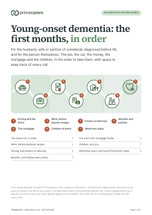 The cover of the PrimeCarers action list for the first months of young-onset dementia, showing seven numbered stops along one path