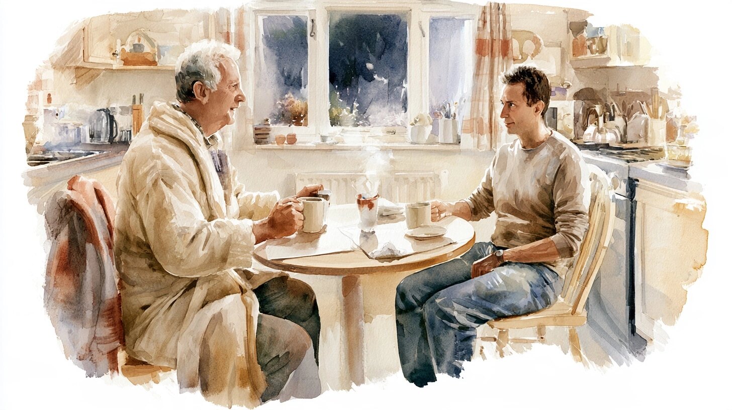 An older man in his dressing gown sits at the kitchen table at night with a live-in carer beside him