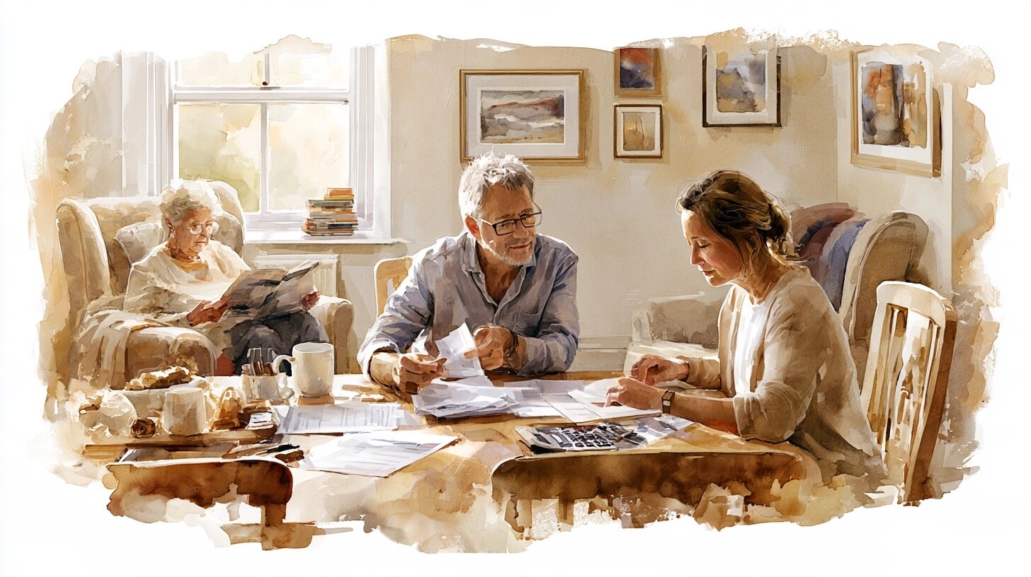 A brother and sister in their fifties work through costs at the dining table while their mother reads by the window