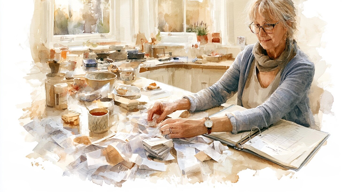 A woman sorts receipts into piles on a kitchen table beside an open ring binder