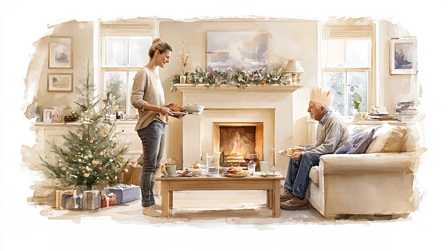 A carer serving lunch to an elderly man in a paper crown, a small tree, in a living room decorated for Christmas