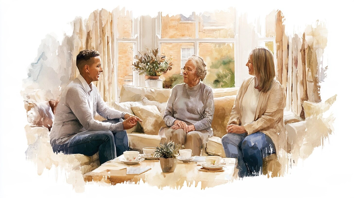 A carer talks with an older woman and her daughter over cups of tea in their living room