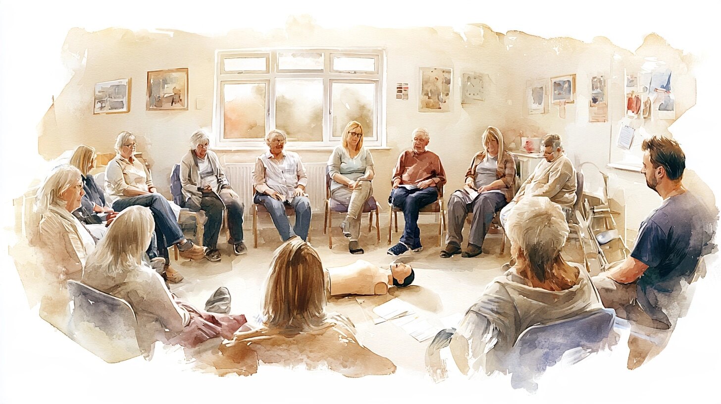 A few carers practising on a first aid mannequin on the floor while a trainer watches, in a small community training room