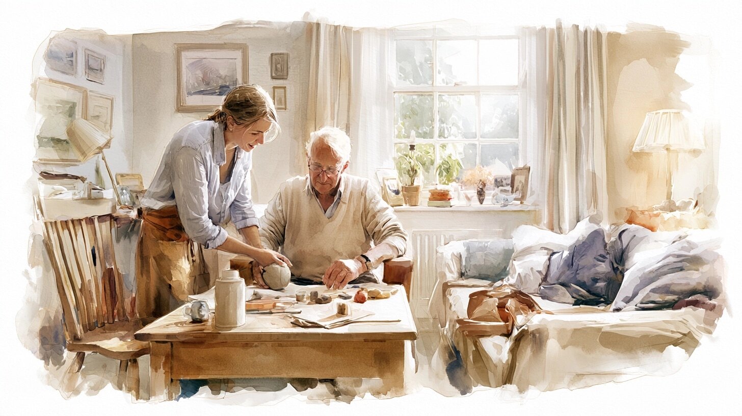 A carer helping an elderly man with one arm in his lap do hand exercises with a soft ball at the table, in a sitting room
