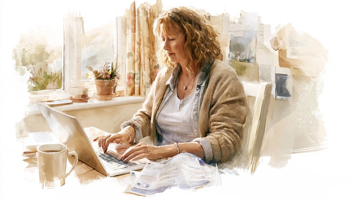 A carer on a laptop with a DBS certificate beside it, a mug and a window, in a small home office