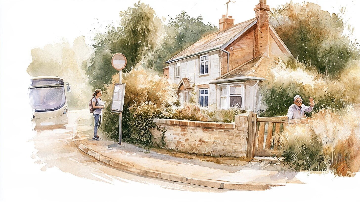 A carer steps off a bus at a village stop while an older man waves from his garden gate