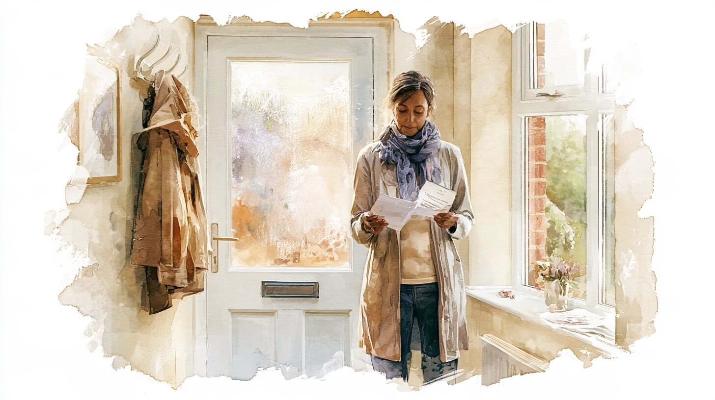 A carer opening an envelope with a certificate inside, a coat on the hook, in a hallway by a front door