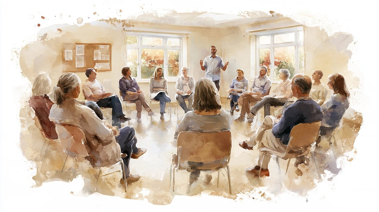Care workers sit in a circle of chairs in a community hall listening to a speaker