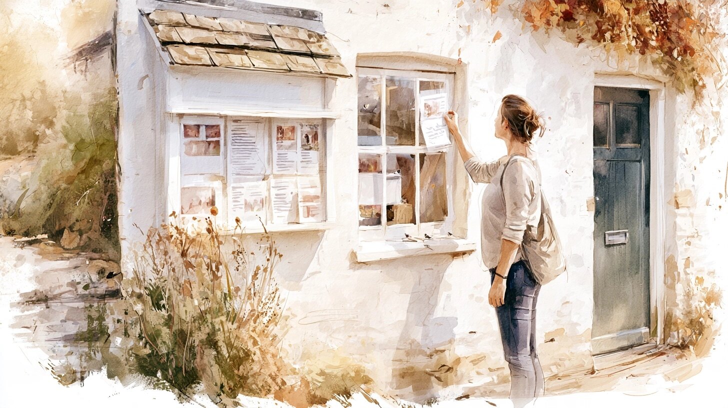 A woman pins a handwritten card to the window of a village post office