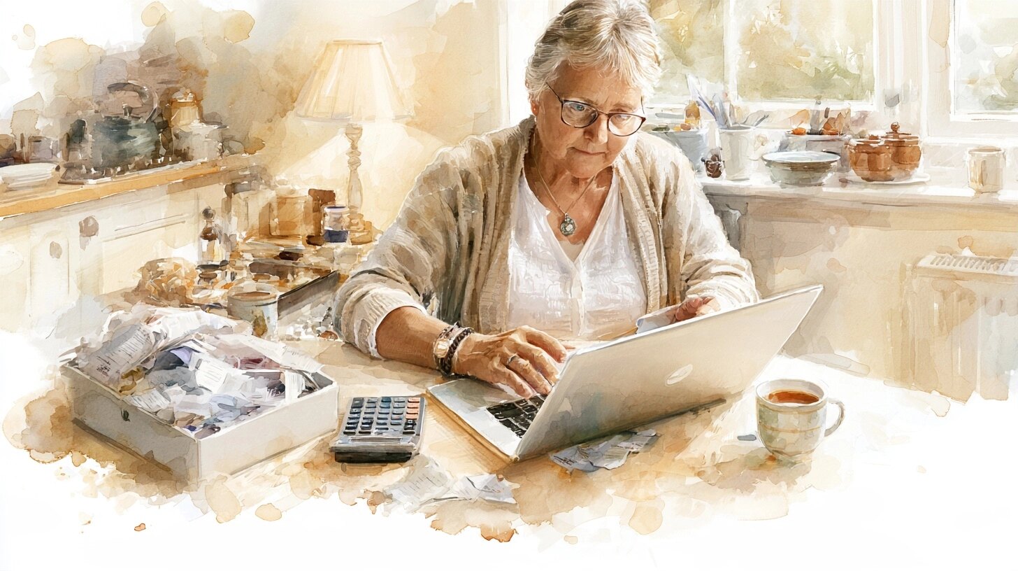 A carer with a laptop, a shoebox of receipts and a calculator, a lamp and a mug of tea, at a kitchen table in the evening