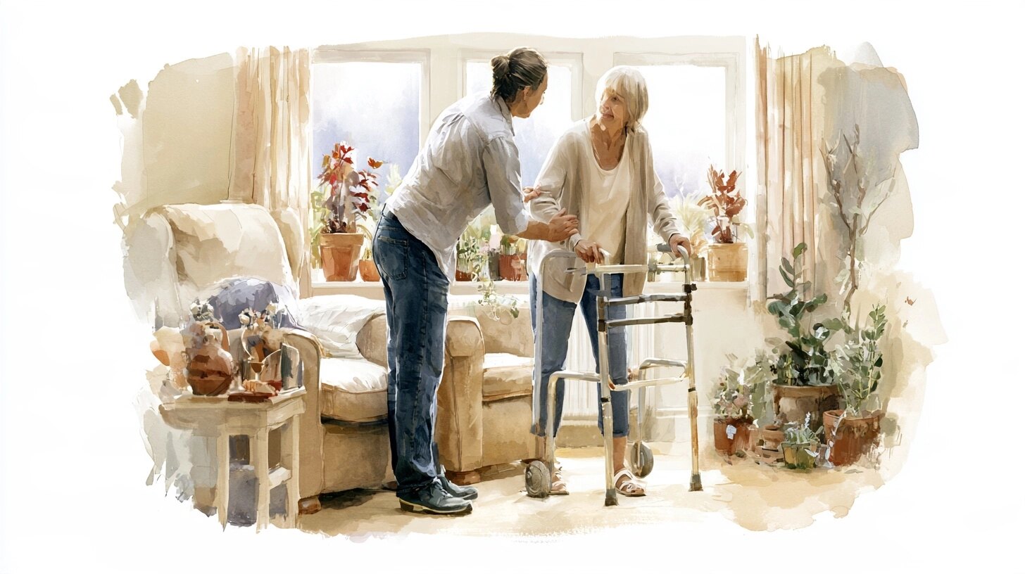 A carer helping a woman in her fifties with a walking frame stand up from an armchair, a window with plants, in a sitting room
